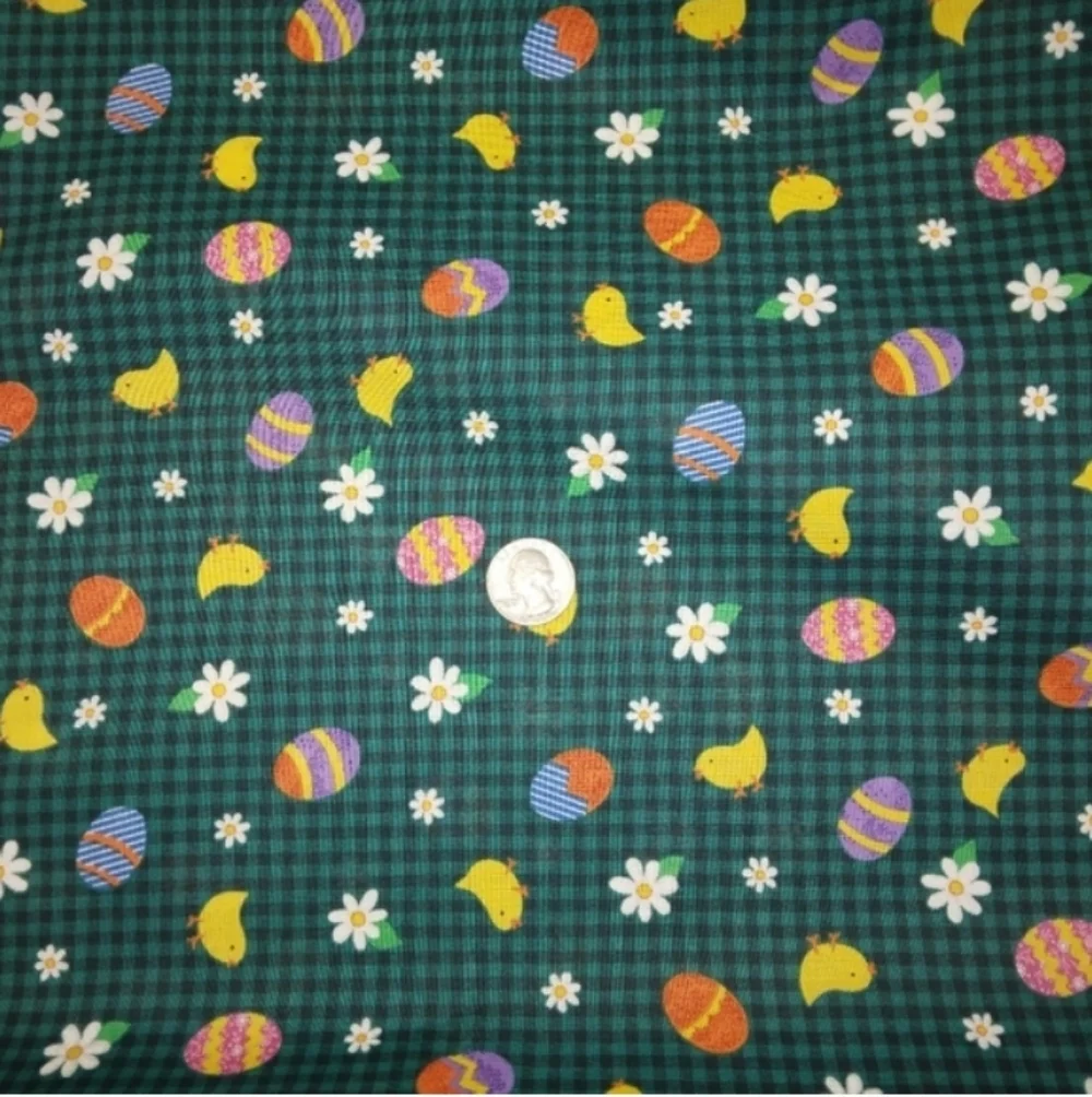 FABRIC 100% cotton Easter eggs chicks and daisies on green & black Gingham 5yds